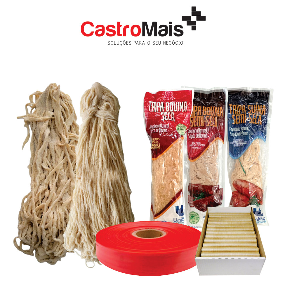 Tripas: suína, bovina e ovina. Linha completa de tripas naturais e artificiais.